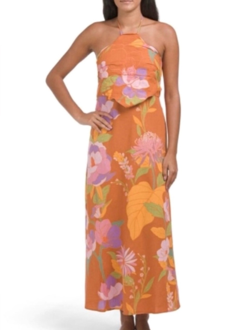 Caroline Constas Orange Floral Halter Dress with Pink Accents